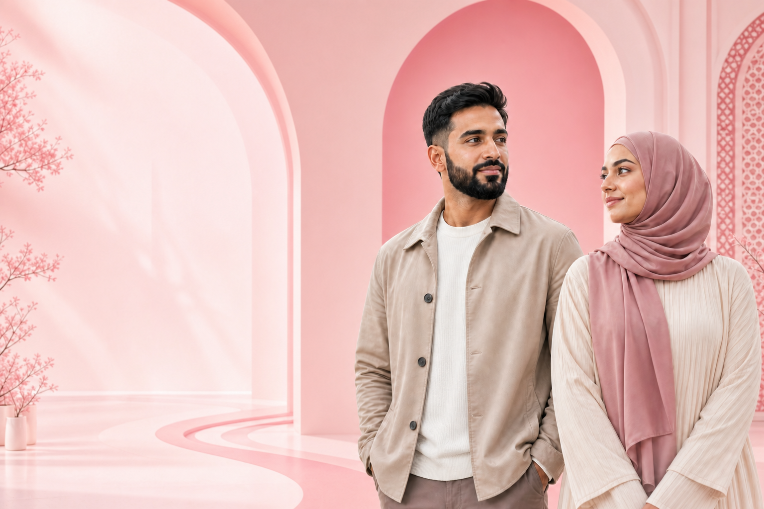 A Muslim couple looking warmly toward one another in a blush archway